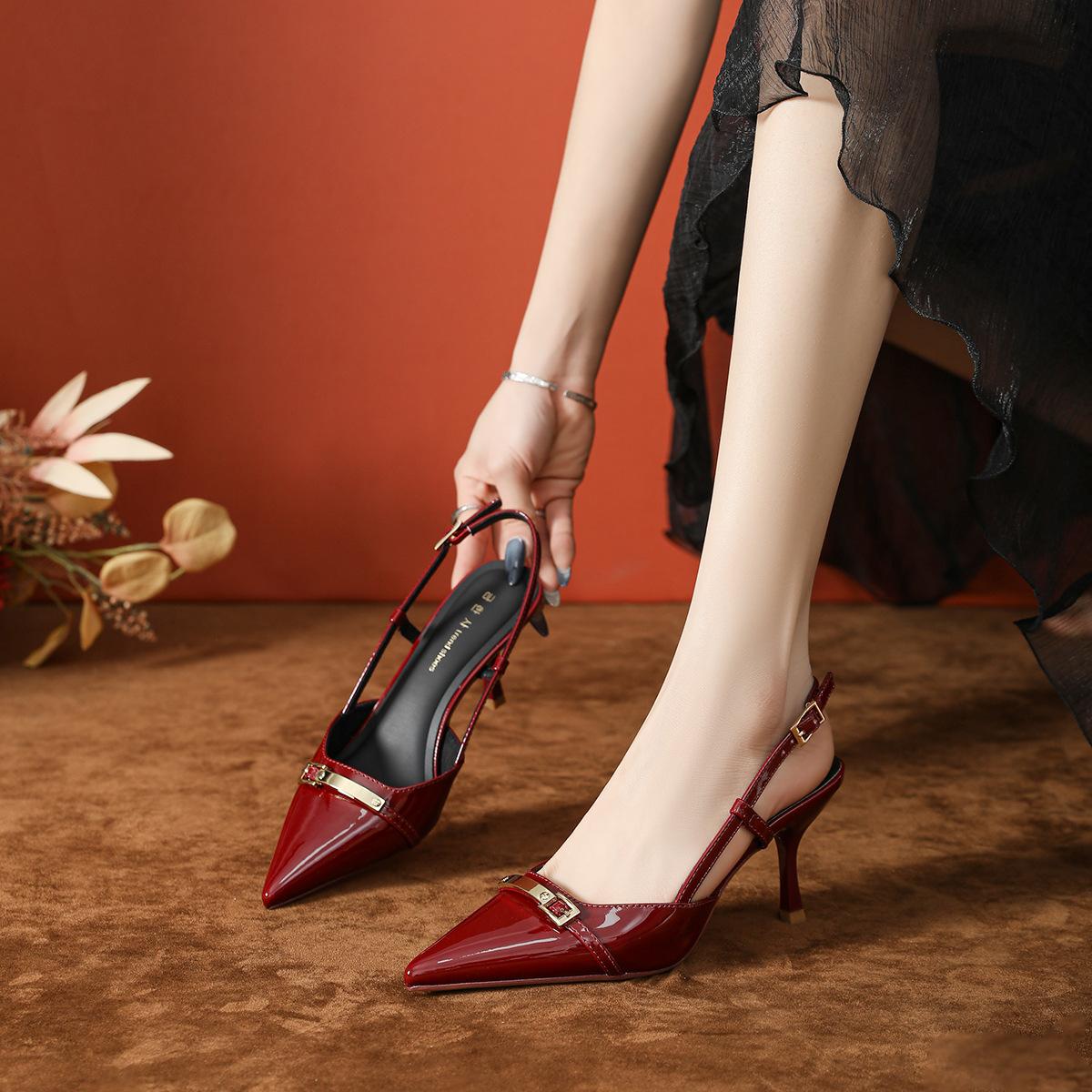 

New patent leather metal buckle stiletto celebrity pointed high heels women, summer bag head empty red sandals high heels 39 бордовий