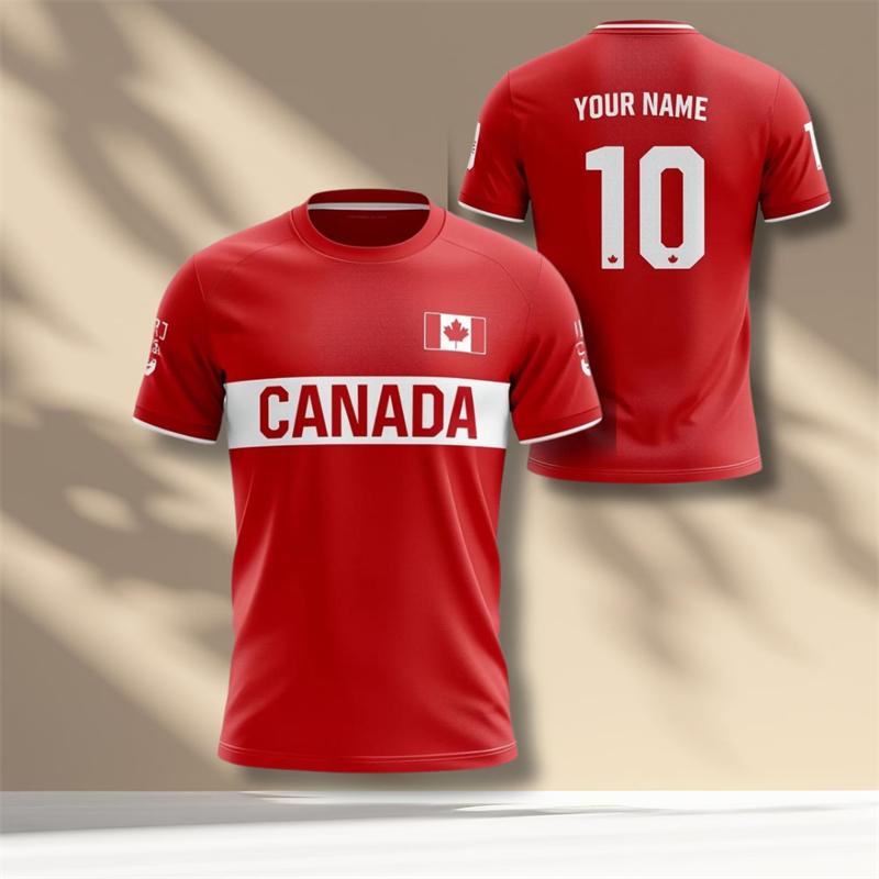 Red Maple Leaves Print Design Canada Football T-shirt Unisex Round Neck Breathable T Shirts Custom Name Number Sport Quick Dry