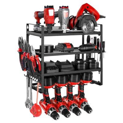 SucceBuy Power Tool Organizer Wall Mount 4-Layer Storage Rack with 4 Drill Holders with Screwdriver Holder for Garage Workshop