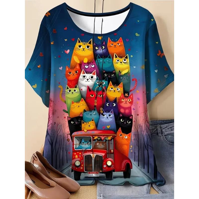 Modisches Damen Rundhals Kurzarm 3D Tier Farbdruck Tier Kurzarm Rundhals T-Shirt