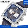 MEGIR Men's Square Genuine Leather Chronograph Quartz Watch