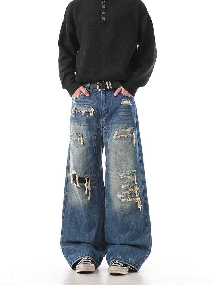 Unisex Distressed Patchwork Wide-Leg Ripped Jeans Medium