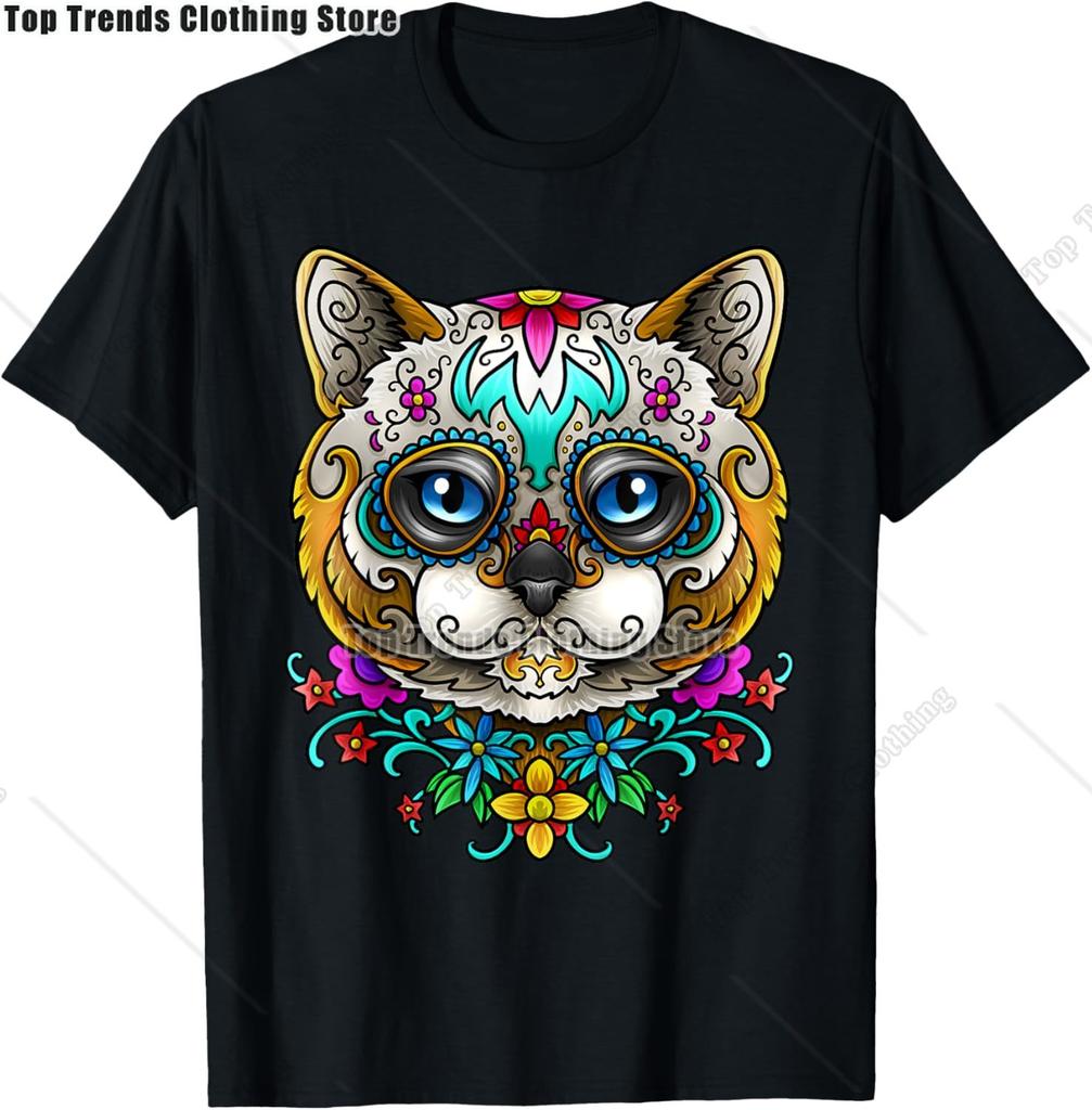 Cute Sugar Skull Cat Dia De Los Muertos Day of The Dead TShirt Mexican Summer Fashion Short Sleeved Tee TopsCasual Tshirt