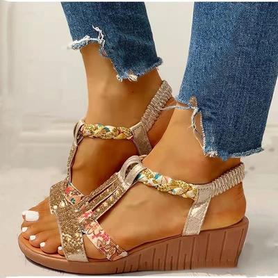 Damen Keilsandalen Sommer Böhmisch Lässig High Heels Sandalen Weiblich Peeptoe Strasssteine Outdoor Strandschuhe