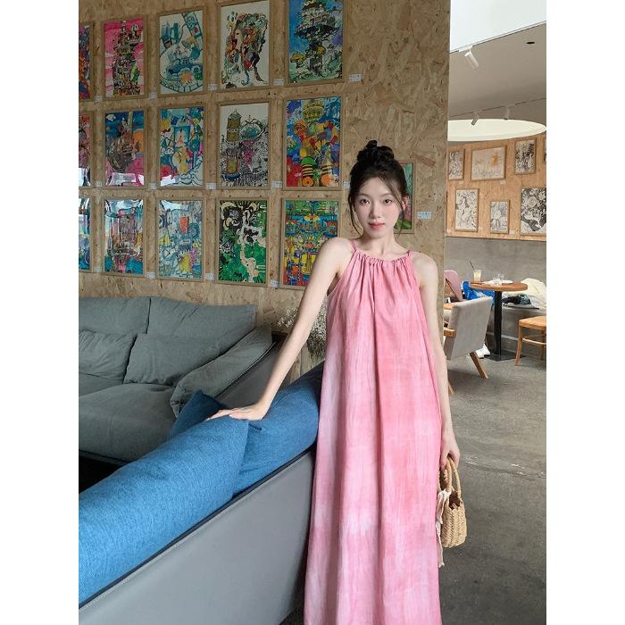 Loose Lazy Wind Sweet and Spicy Pink Suspender Dress Women's Skirt 2026 Seaside Vacation Beach Dress Hanging Neck