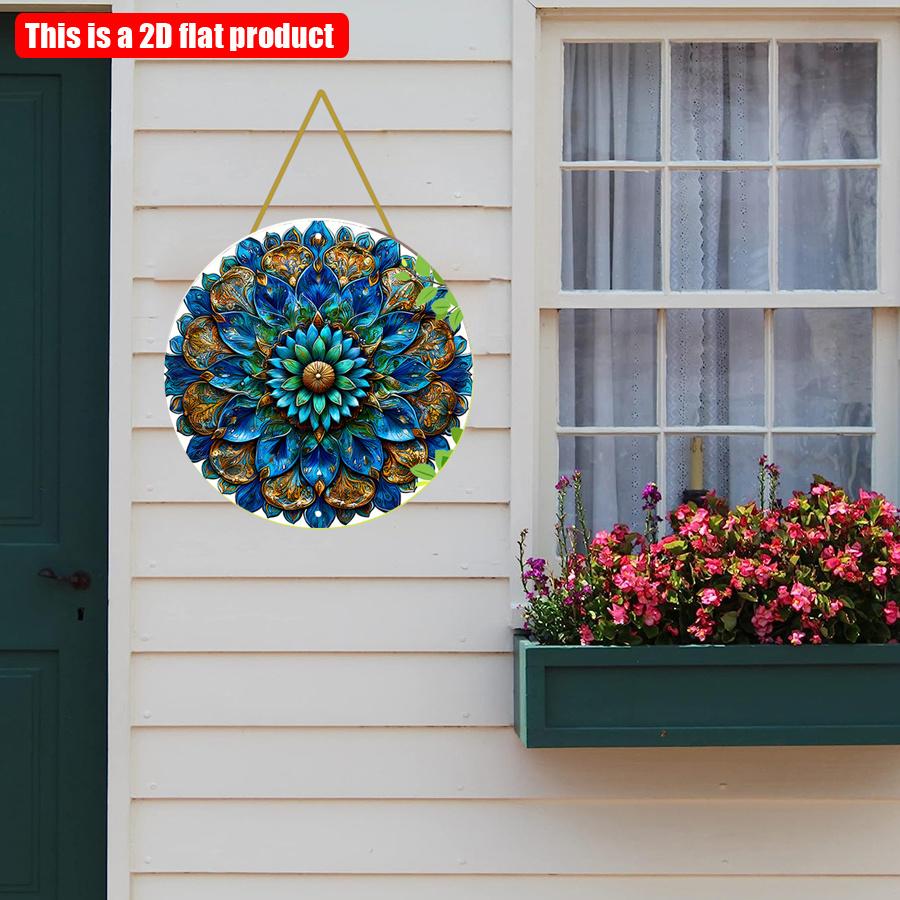 2D Flat 20*20cm1pc Vintage Blue Mandala with Leaf Patterns Wall Art Round Signage, Bright Symmetry Blue Flowers Theme Wooden Pendant, Applicable  Bar