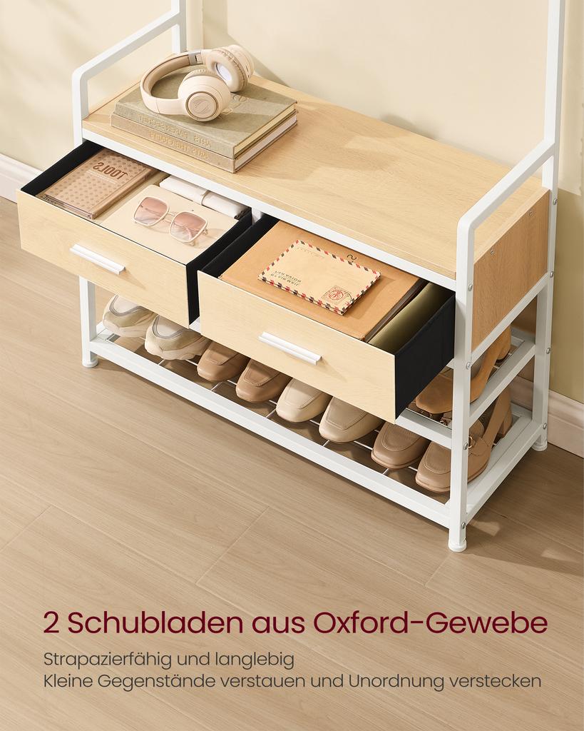 VASAGLE HSR429YA01 Appendiabiti da Ingresso con 10 Ganci Rimovibili, 2 Cassetti, Panca per Scarpe, Design Separabile, 30 x 80,5 x 181,5 cm