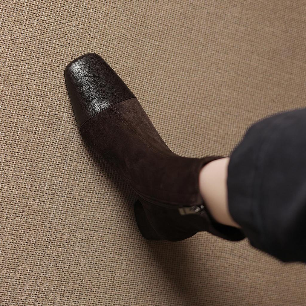 Krazing Pot Microfiber Winter Round Toe Western Boots Thick High Heels Zipper Women Flock Patch Work Ankle Boots