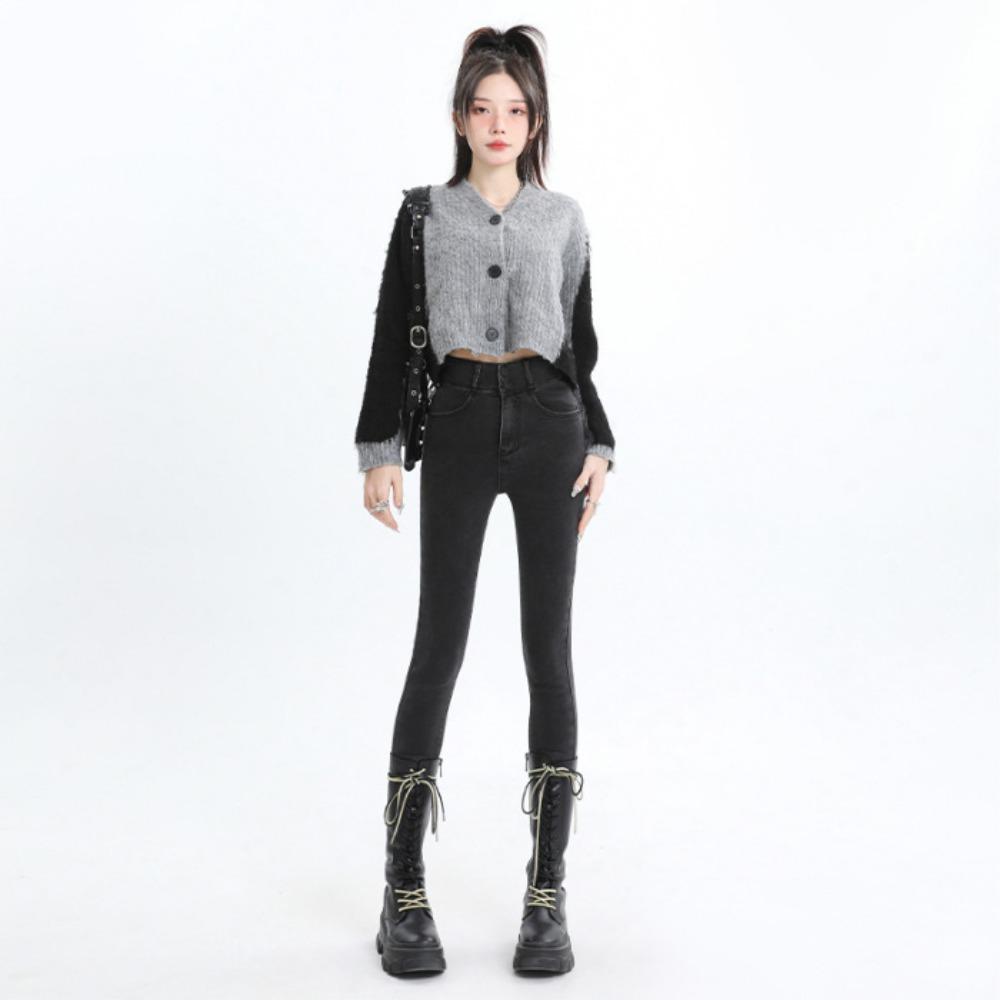 

Двубортные джинсы женские 2025 новая осенне-зимняя модель облегающие эластичные джинсы-карандаш с зауженным низом 32