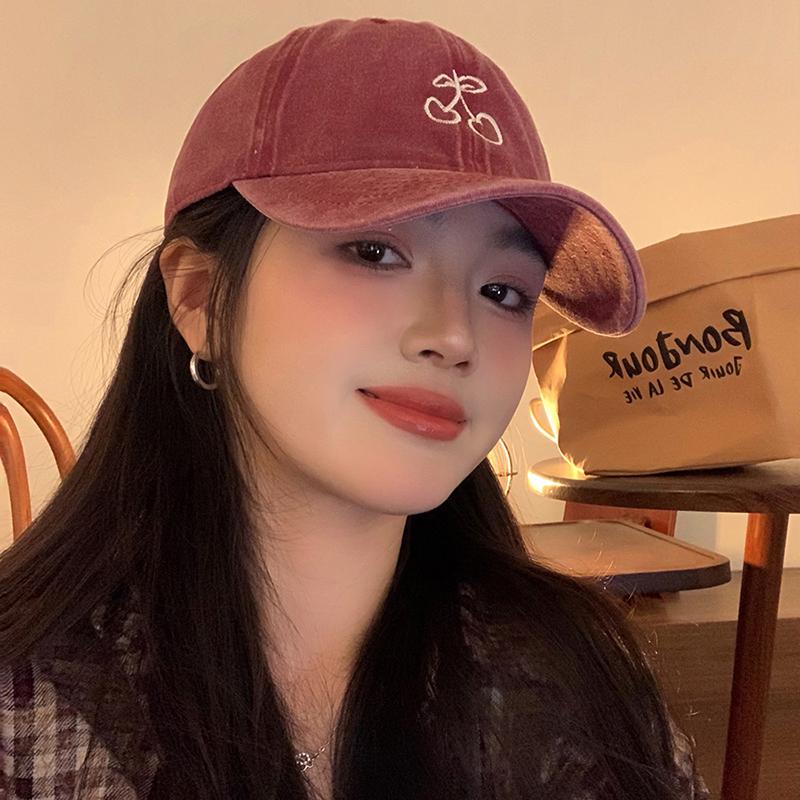 Cherry Embroidery Baseball Hat For Women Girl Long Brim Snapback Duck Tongue Hats Soft Washed Cotton Outdoor Visors Peaked Cap