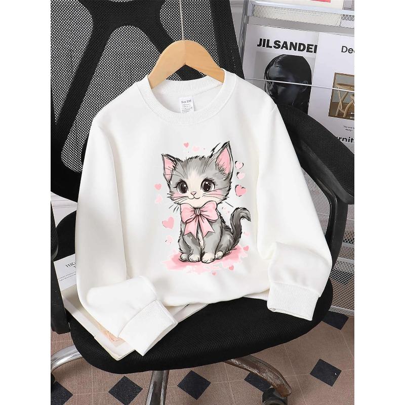 European sizes Kids Round-Neck Hoodie | Cute Gray Kitten with Pink Bow, Sportswear and Casual Wear, Soft and Comfortable 110