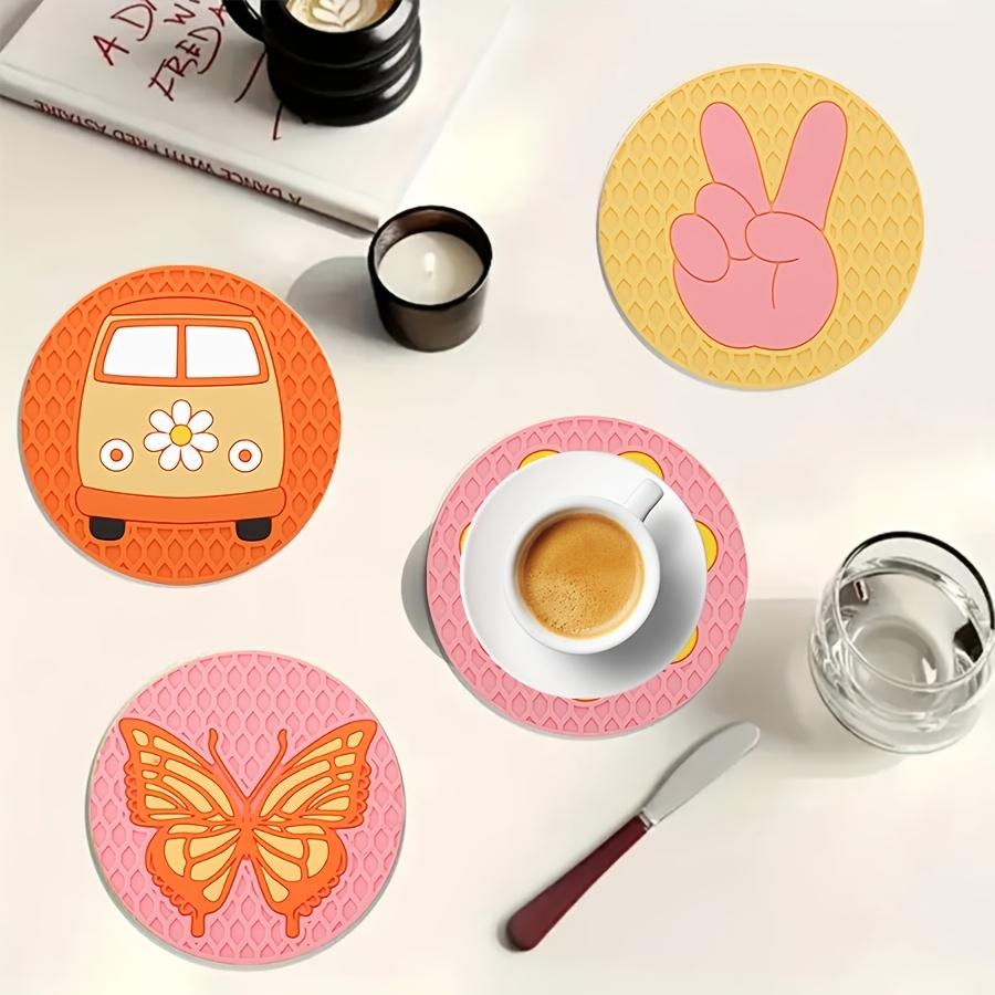 6 Pcs 4in Abstract Round Wooden Coasters Heat Resistant Non-slip Drink Cafe Decoration 2D FLat Color Print Orange Coasters Set