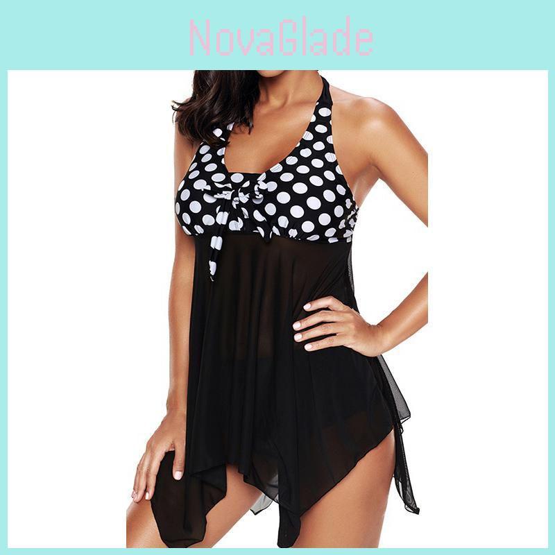 Stylish Women's Tankini Vintage Mesh Swimwear With High Waist Boxer Shorts In Dotted Design