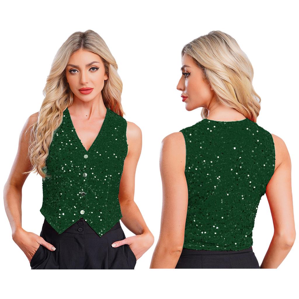 Women Sparkly Sequin Vest Sleeveless V-neck Irregular Hem Party Top for Cocktail Banquet Nightclub Summer