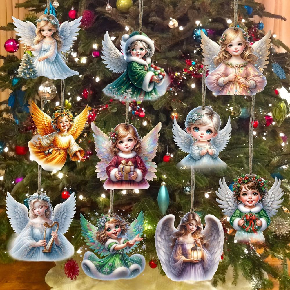 10Pcs Creative Handmade Wooden Cute Christmas Angel Ornament with Rope Holiday Tree Decor Christmas Tree Christmas Home Decor