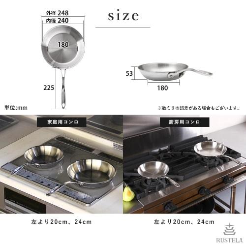 RUSTELA Commercial Stainless Steel Frying Pan, 24cm, Triple-Layer Construction, Induction Compatible, Dishwasher Safe, Uncoated, Induction/Direct Heat