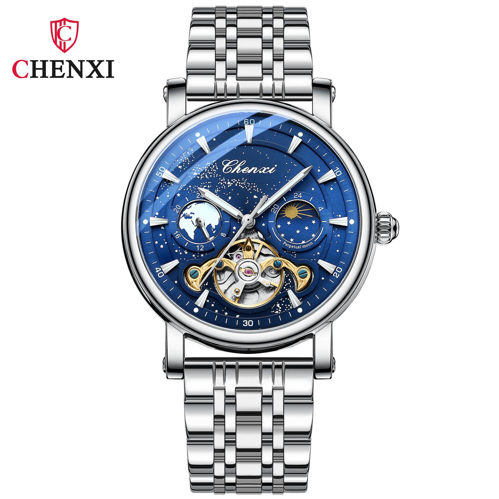 

Новые роскошные мужские часы ТОП-бренда с коробкой Star River Hollow Flywheel, мужские часы, полностью автоматические светящиеся деловые мужские механические часы steel belt синий