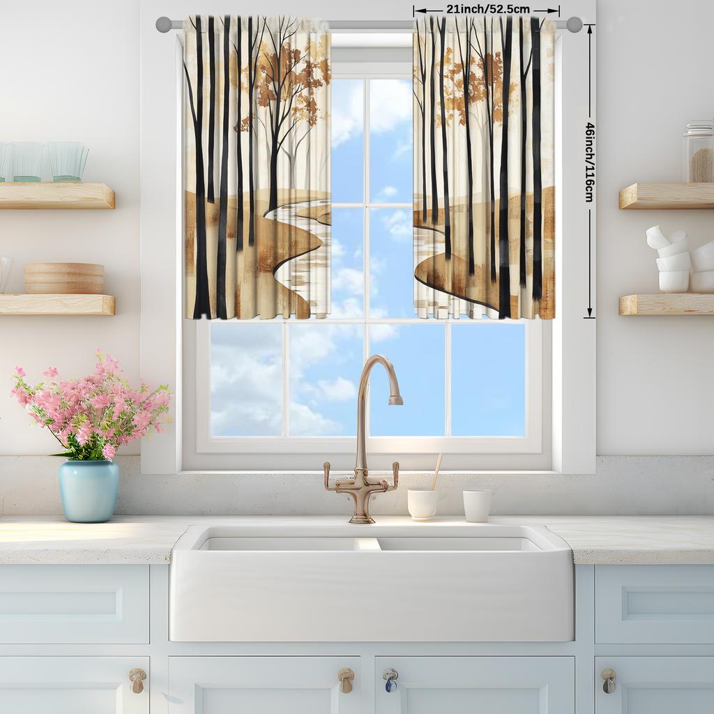 2 ks Záclona v severském stylu s akvarelovým potiskem lesa pro domácí dekoraci - Kapsa na tyč pro okenní dekoraci do ložnice   kanceláře   kuchyně