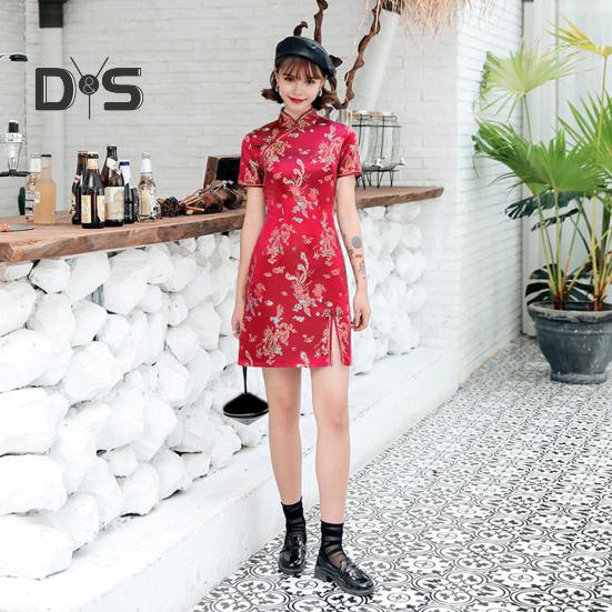 Kvinnor Sommar Cheongsam Stativ krage Dragon Phoenix Tryck Delad fåll Qipao Slim Fit Retro kinesisk stil Ovanför knälängd Bröllopsfest Cocktailklänning