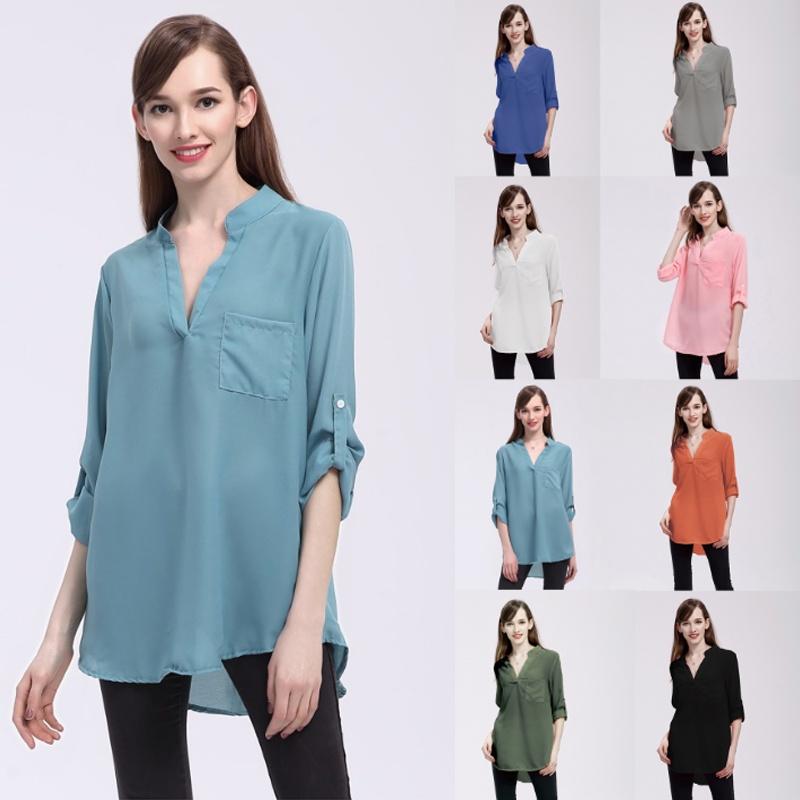 Chiffon Women Blouses Vneck Shirts Long Sleeve Loose Office Casual Spring Lady