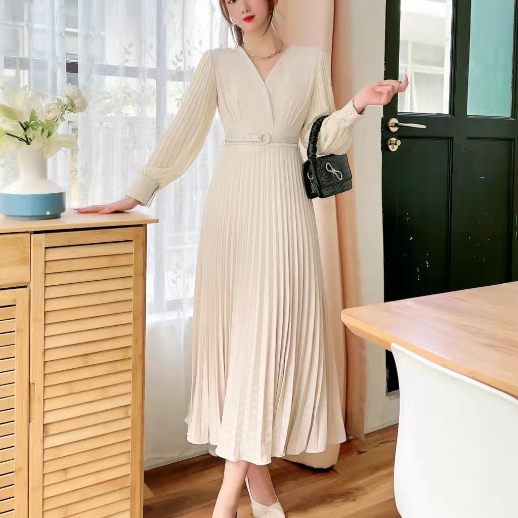 LYRIA Women Slim Pleated Maxi Dress with Belt Female Streetwear Vintage Dress Tie Front Dress  Robe