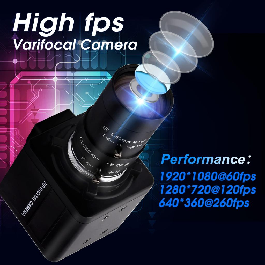 ELP 260fps Optical Zoom 2MP Variable Focus CMOS 1080p 60fps Compatible with Raspberry 720p 120fps USB PC External Zoom 10x Variable Webcam Webcam,