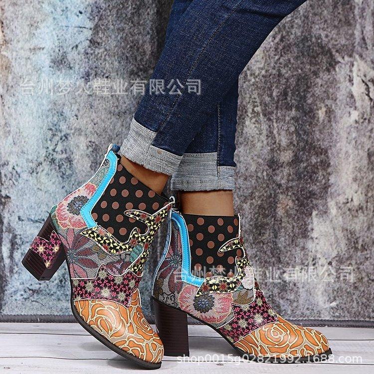 Winter New Classic Retro Fashion Hand-spliced Jacquard Craft Fashion Short Women's Boots