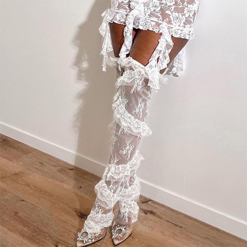 Flower Pattern See Through Lace Thigh High Stockings for Women Over Knee Long Socks with Twill Ruffle Trim Patchwork