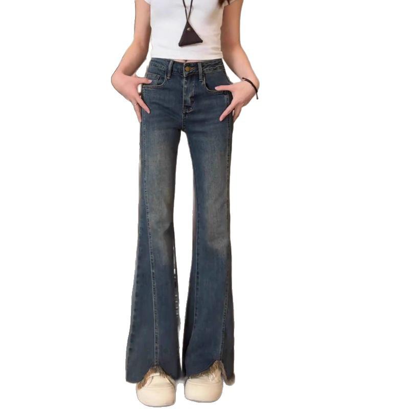 2025 Autumn Plus Size High Waist Blue Retro Frayed Micro-Flare Jeans for Women