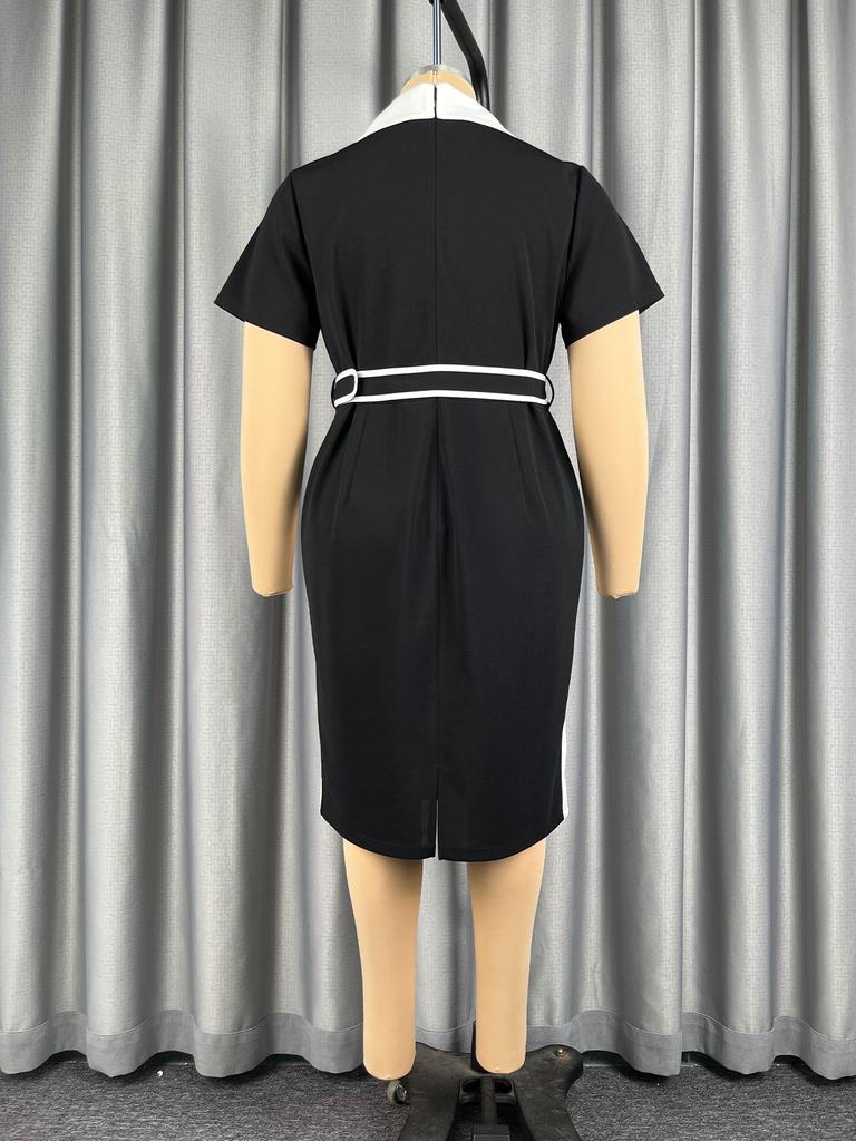 AOMEI V Neck Plus Size Women Dresses White Black Contrast Short Sleeve Bodycon Business Casual Office Dress with Belt
