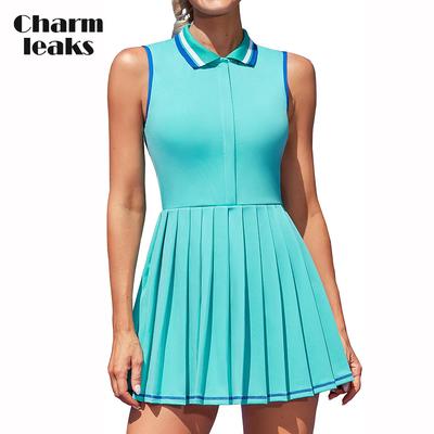 Robes de tennis pour femmes, polo côtelé, robe de golf, demi-fermeture éclair, robe d'entraînement plissée avec short et soutien-gorge intégrés