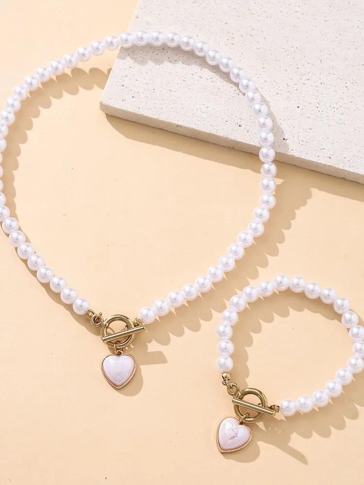 Pearl Heart OT Clasp Necklace Bracelet Set