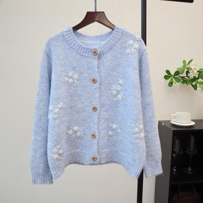 Crew Neck Loose Embroidered Knitted Cardigan Autumn and Winter New Soft Waxy Sweet Gentle Wind Sweater Jacket Women