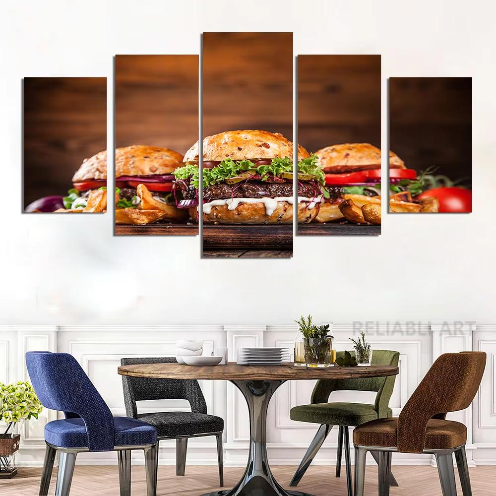 5 Panel Cheesy Beef Burgers HD Pictures Canvas Painting Delicious Fast Food Hamburger Posters for Dinning Room Wall Decor Quadro