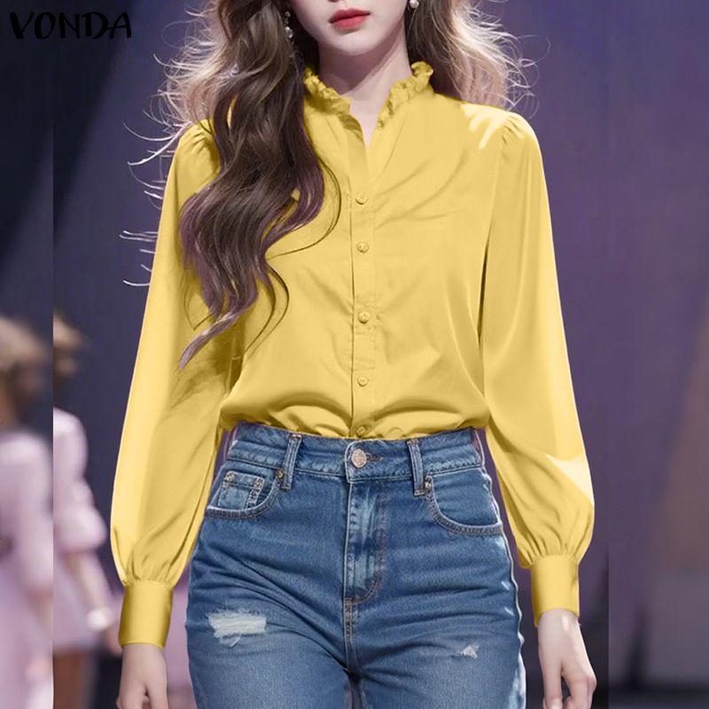 VONDA Elegant Women Casual Ruffled Stand Collar Long Sleeve Solid Color Buttons Blouse