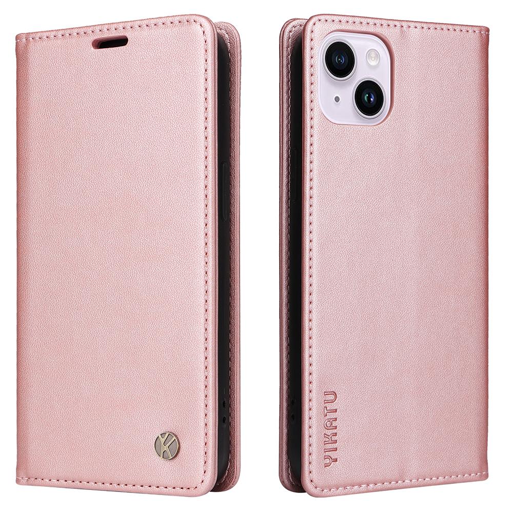 

YIKATU YK-001 For iPhone 15 Plus Flip Wallet Case PU Leather Magnetic Auto-absorbed Stand Phone Cover Rose Gold