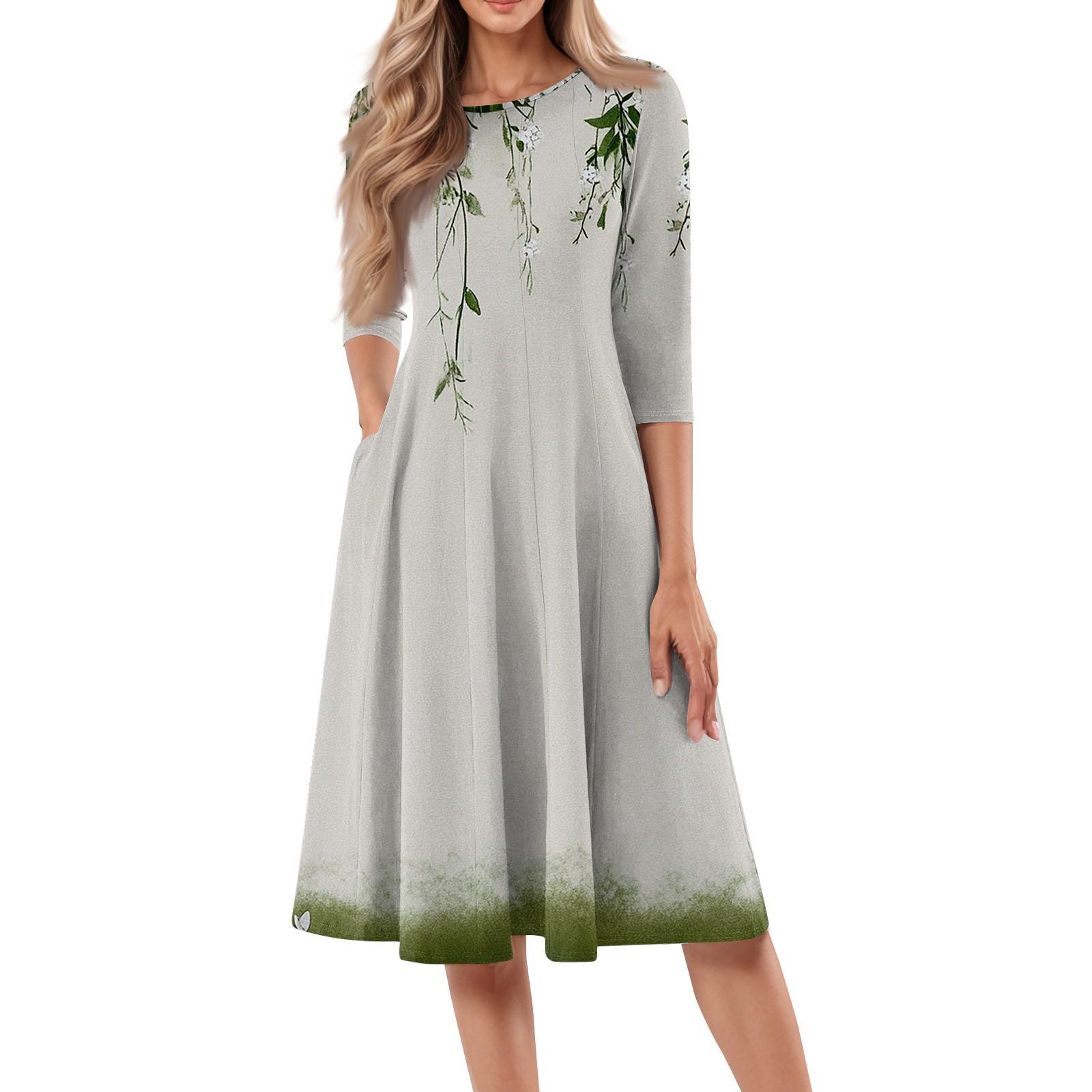 

Женское повседневное модное платье миди с круглым вырезом и рукавом три четверти с цветочным принтом L армия зеленый