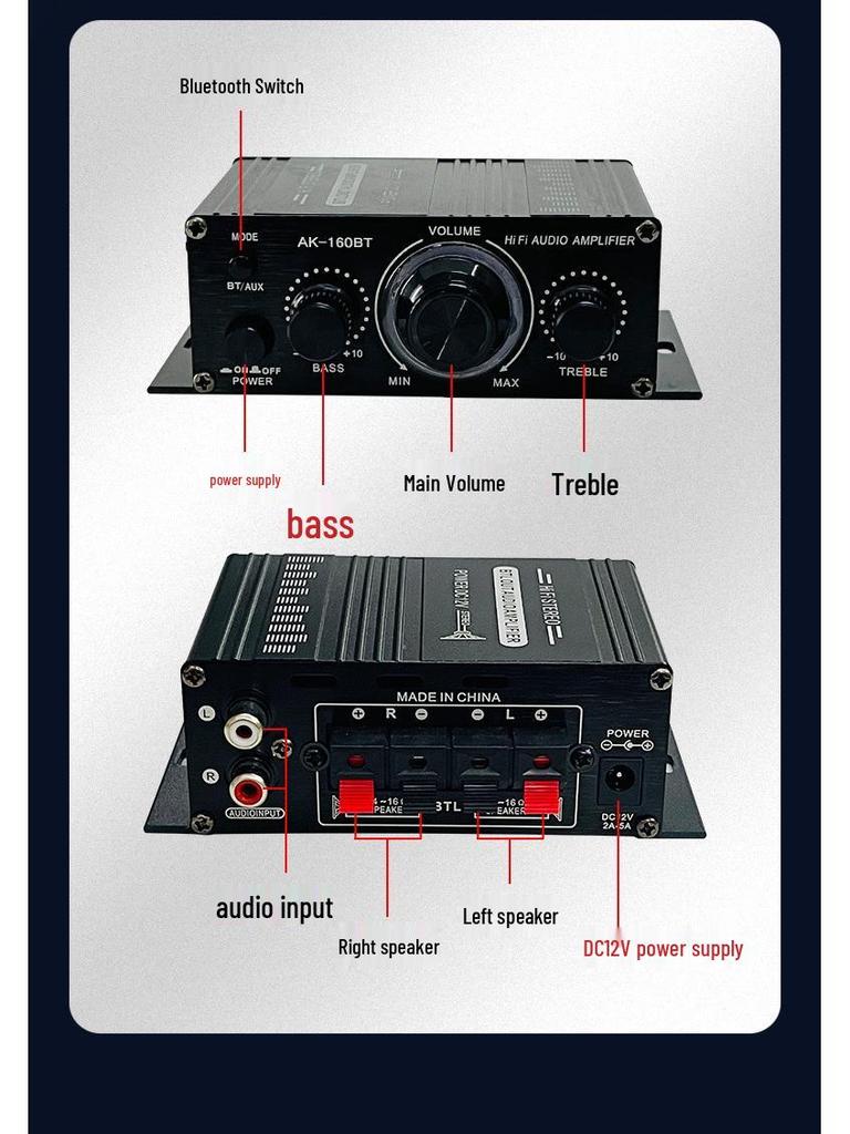12V Bluetooth 5.0 Stereo Amplifier for Car, Computer, or Desktop: 2-Channel Background Music Power