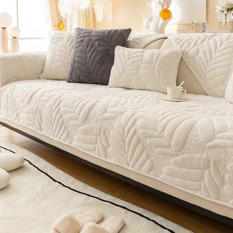 Thicken Short Plush Sofa Cover Living Room Leaves Jacquard Sofa Towel Anti-slip Solid Color Sofa Protector Slipcovers Removable