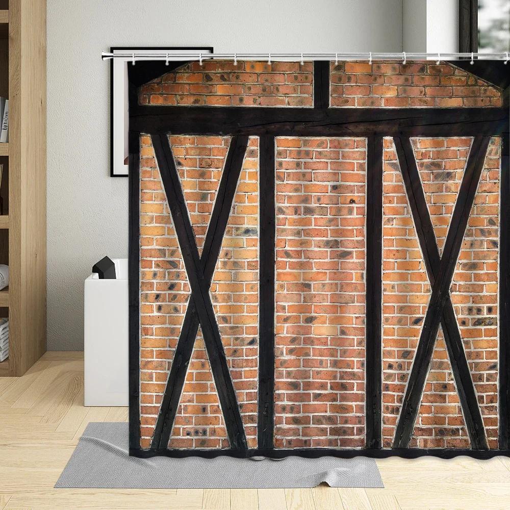 Stone Wall Brick Texture Shower Curtain Set Retro Geometric Red Gray White Bathroom Decor Bathtub Screen Curtains Polyester Hook