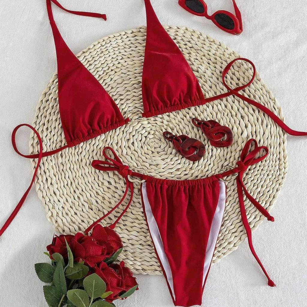 1011 new solid color lace-up bikini European and American sexy split suit swimsuit women's bikini swimsuit