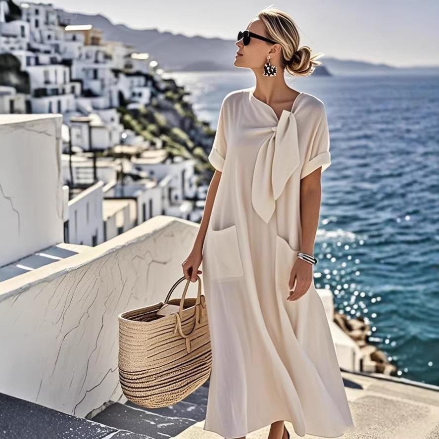 2026 Elegant Bow Pocket Short-Sleeved Loose Long Dress for Spring and Summer