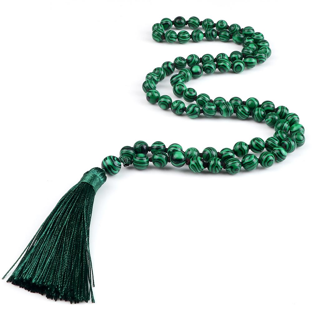 European 8mm Stone Bead Tassel Necklace and Multi-Strand Buddhist Bead Bracelet