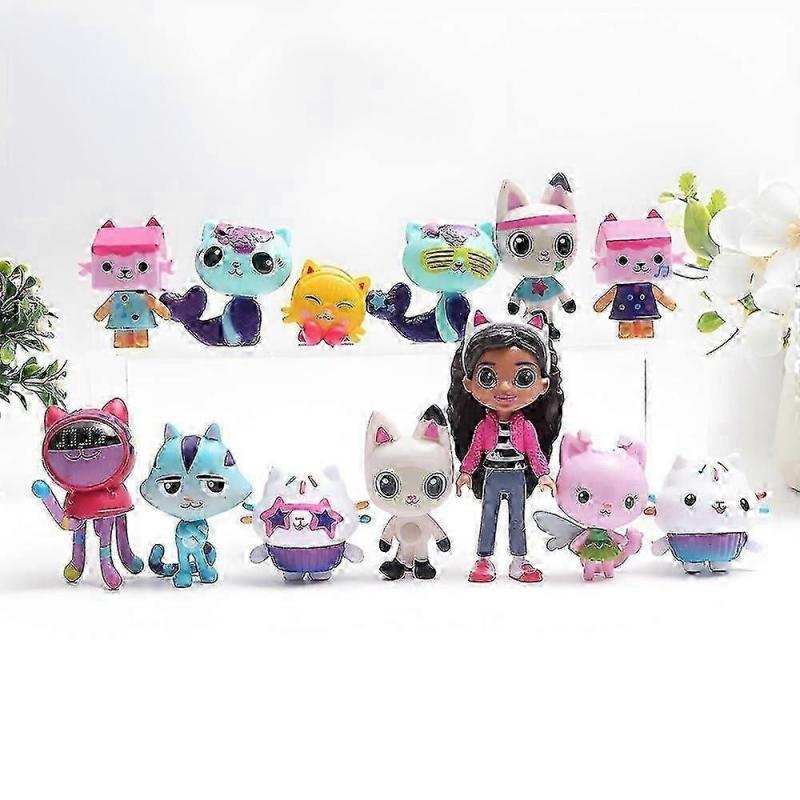 13pcs Gabby Dollhouse Figure Set with Smiling Cat & Mercat, Cartoon Toy Collection for Kids Birthday Gift