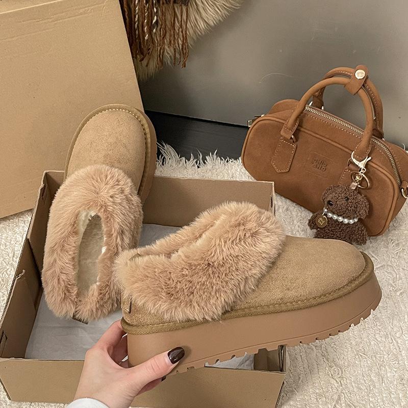 Retro platform fluffy snow boots women's new winter one-pedal bag heel plush cotton shoes