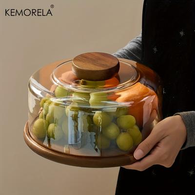 1 Stück runder Holz-Kuchenständer mit Glasglockendeckel - Holz-Serviertablett für Dim Sum Gebäck & Desserts für das Esszimmer Kuchenplatte