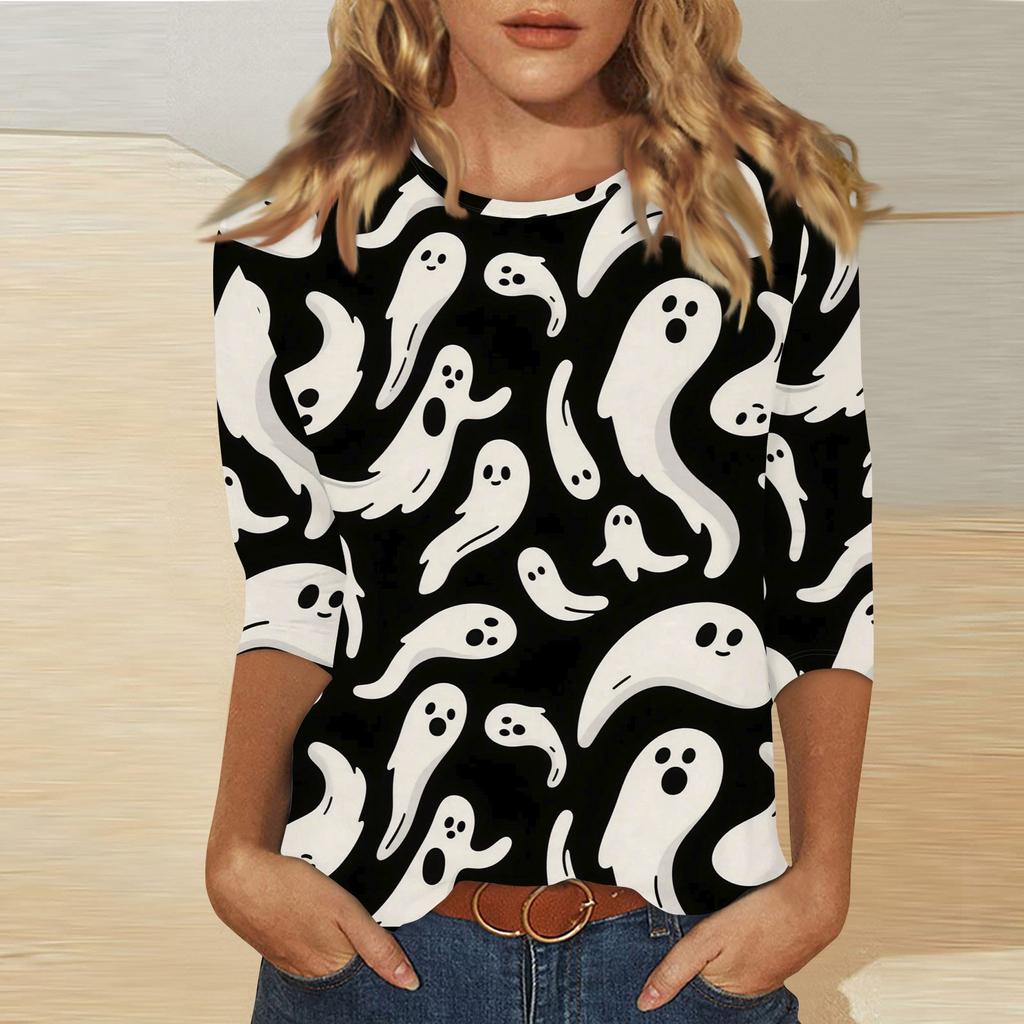 Women's Fashion Casual Three-quarter Sleeve Halloween Printed Round Neck Top