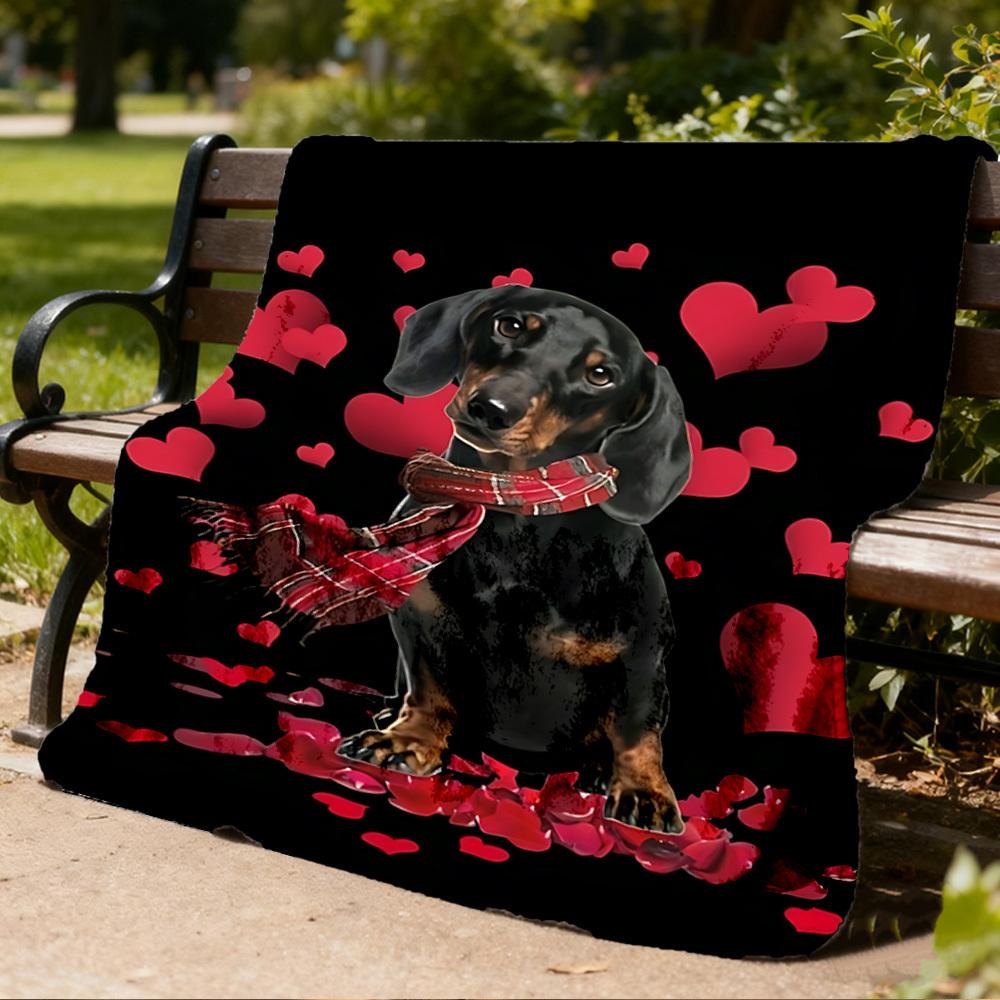 1pc Dachshund Heart Print Throw Blanket Polyester Fiber, Lightweight Flannel, Soft & Warm, All Season Use for Outdoor, Camping