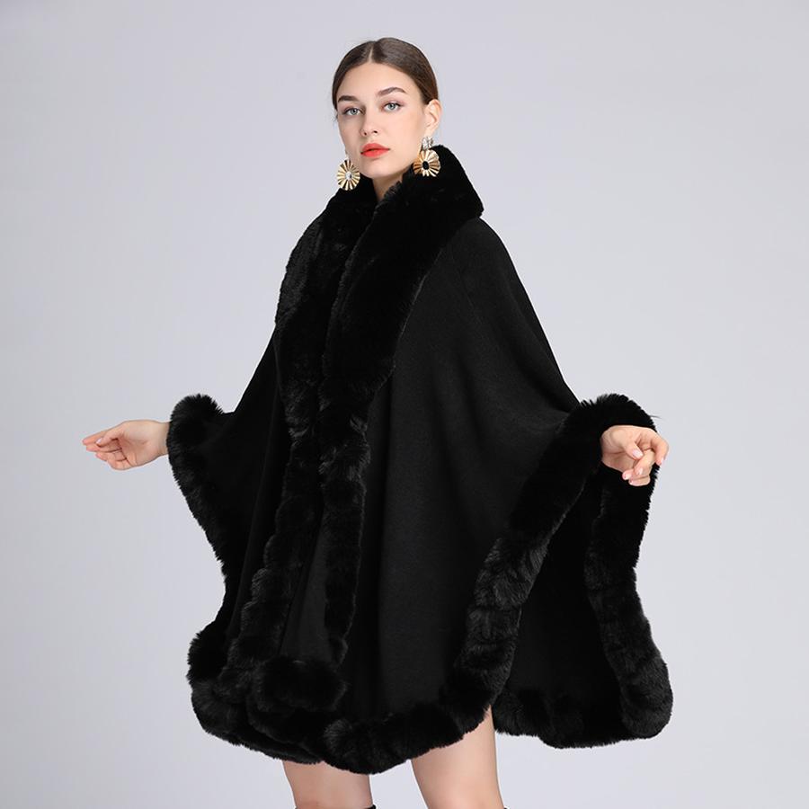 Herbst Winter Kunstkaninchenfell Kragen Schal Poncho Locker Gestrickter Cardigan Übermantel für Damen