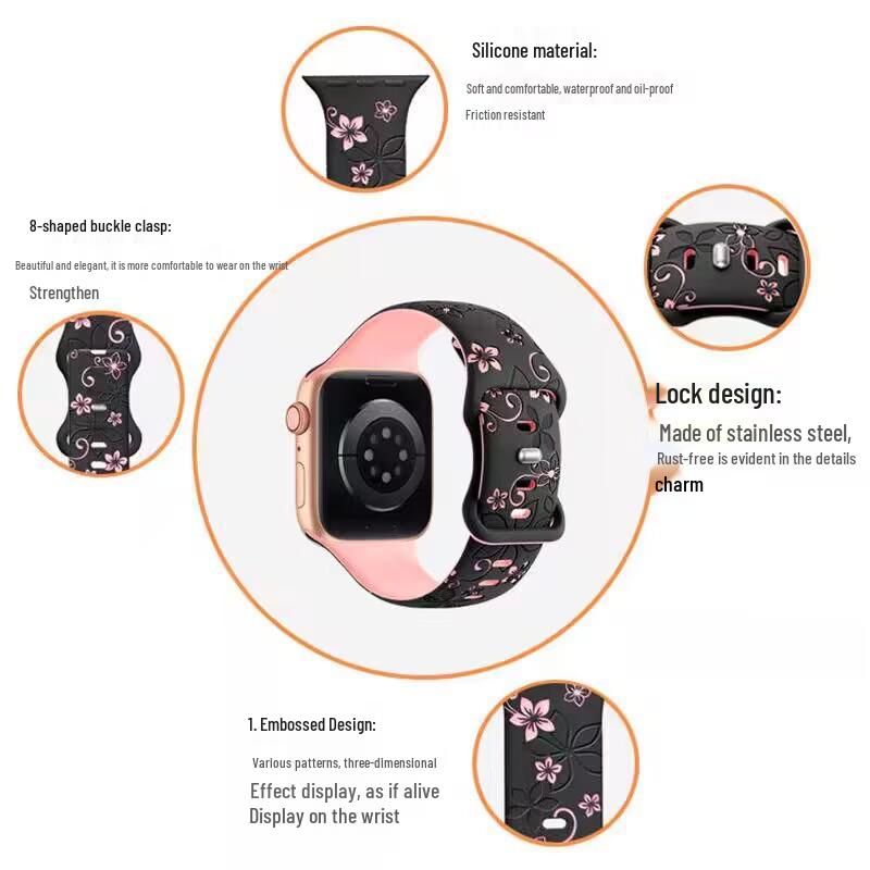 Embossed Floral Silicone Apple Watch Strap: Unisex, Sports, Two-Tone, Infinity Buckle.